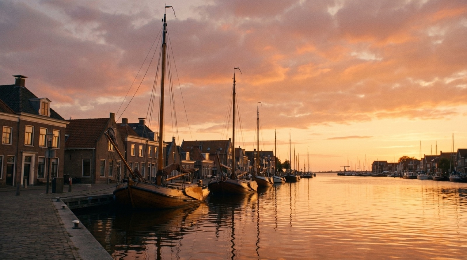 De Lemster haven bij gouden uur — traditionele Lemster Aak zeilschepen aan de historische kade