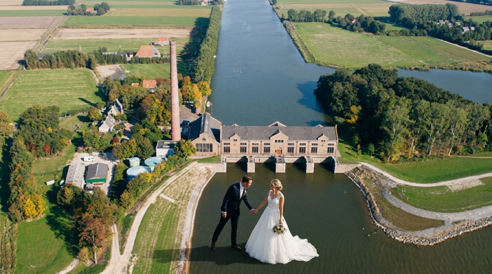 Bruidspaar bij het Ir. D.F. Woudagemaal, UNESCO Werelderfgoed in Lemmer